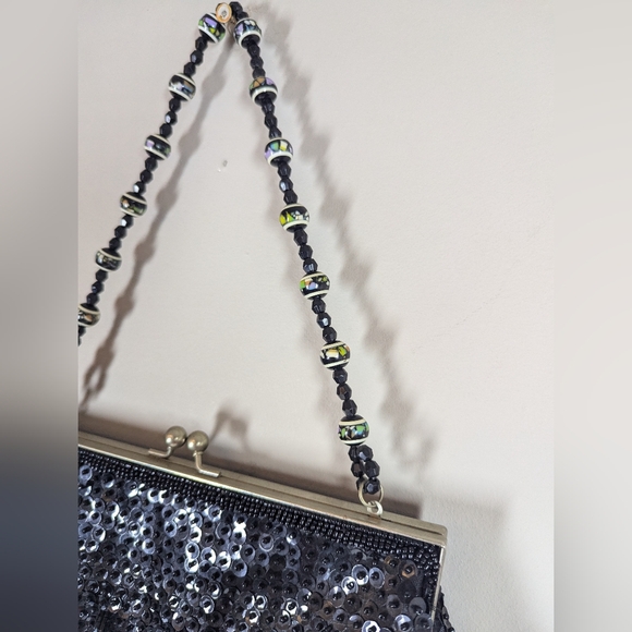 Vintage Black Beaded Fringe Evening Bag – Sequin Flapper Style 10" Wide - Picture 4 of 8